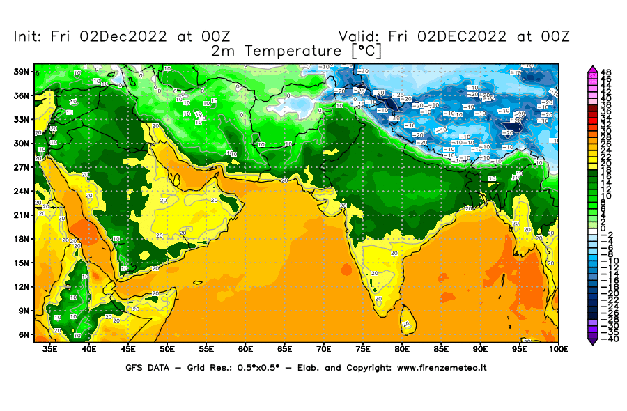 Mappa di analisi GFS - Temperatura a 2 metri dal suolo [°C] in Asia Sud-Occidentale
							del 02/12/2022 00 <!--googleoff: index-->UTC<!--googleon: index-->