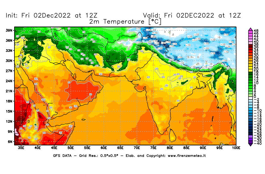 Mappa di analisi GFS - Temperatura a 2 metri dal suolo [°C] in Asia Sud-Occidentale
							del 02/12/2022 12 <!--googleoff: index-->UTC<!--googleon: index-->