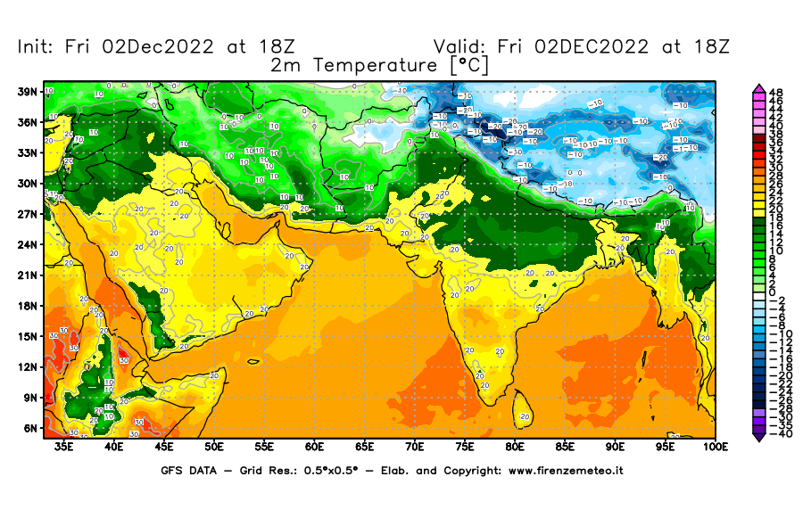 Mappa di analisi GFS - Temperatura a 2 metri dal suolo [°C] in Asia Sud-Occidentale
							del 02/12/2022 18 <!--googleoff: index-->UTC<!--googleon: index-->