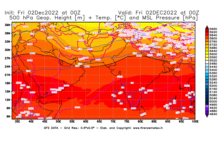 Mappa di analisi GFS - Geopotenziale [m] + Temp. [°C] a 500 hPa + Press. a livello del mare [hPa] in Asia Sud-Occidentale
							del 02/12/2022 00 <!--googleoff: index-->UTC<!--googleon: index-->