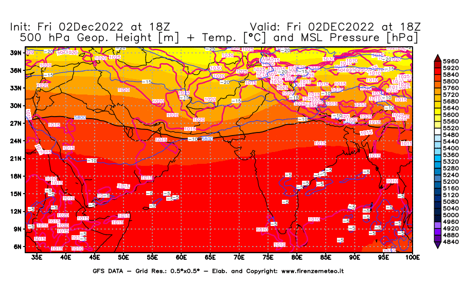 Mappa di analisi GFS - Geopotenziale [m] + Temp. [°C] a 500 hPa + Press. a livello del mare [hPa] in Asia Sud-Occidentale
							del 02/12/2022 18 <!--googleoff: index-->UTC<!--googleon: index-->