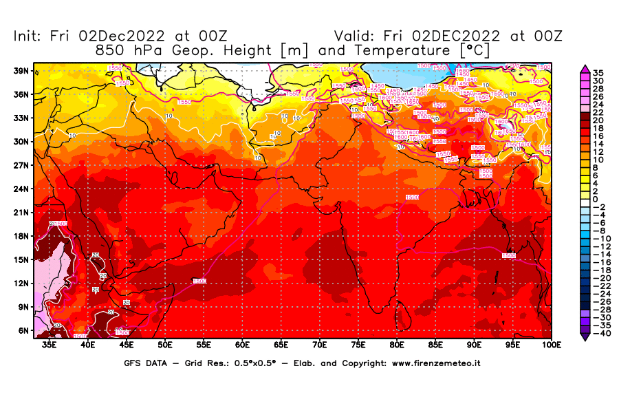 Mappa di analisi GFS - Geopotenziale [m] e Temperatura [°C] a 850 hPa in Asia Sud-Occidentale
							del 02/12/2022 00 <!--googleoff: index-->UTC<!--googleon: index-->