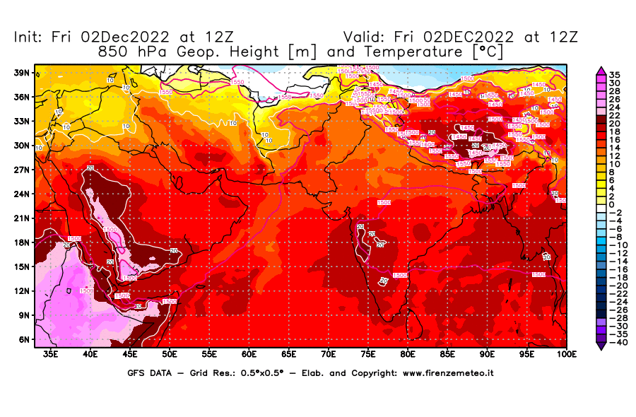 Mappa di analisi GFS - Geopotenziale [m] e Temperatura [°C] a 850 hPa in Asia Sud-Occidentale
							del 02/12/2022 12 <!--googleoff: index-->UTC<!--googleon: index-->