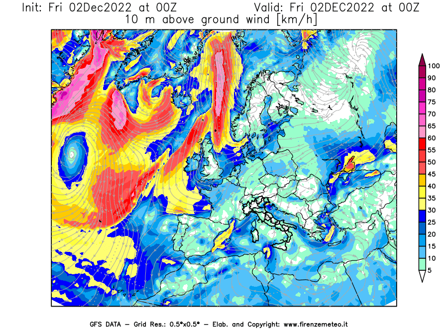 Mappa di analisi GFS - Velocità del vento a 10 metri dal suolo [km/h] in Europa
							del 02/12/2022 00 <!--googleoff: index-->UTC<!--googleon: index-->