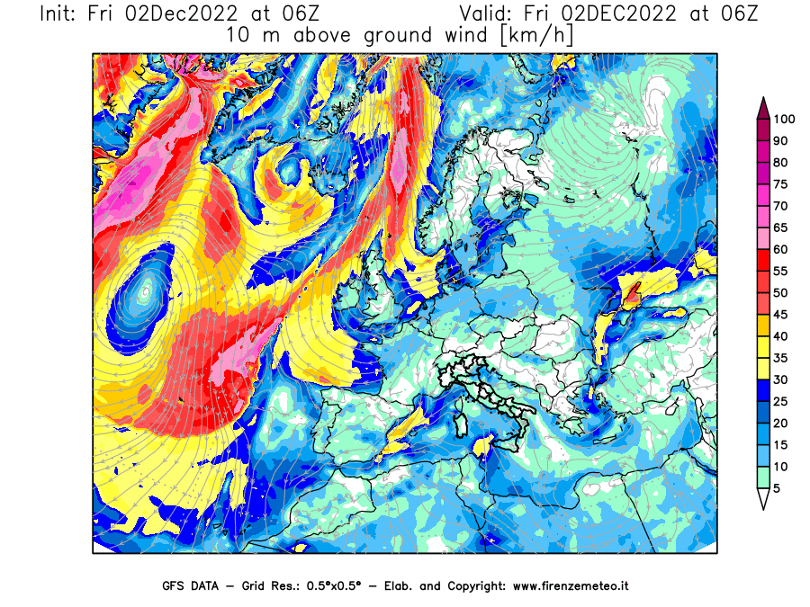 Mappa di analisi GFS - Velocità del vento a 10 metri dal suolo [km/h] in Europa
							del 02/12/2022 06 <!--googleoff: index-->UTC<!--googleon: index-->