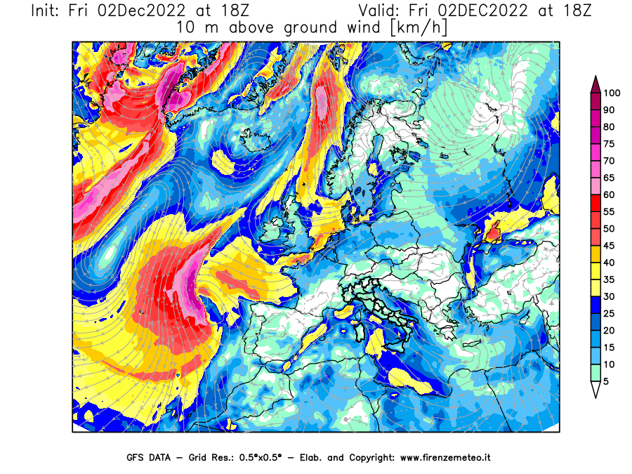 Mappa di analisi GFS - Velocità del vento a 10 metri dal suolo [km/h] in Europa
							del 02/12/2022 18 <!--googleoff: index-->UTC<!--googleon: index-->