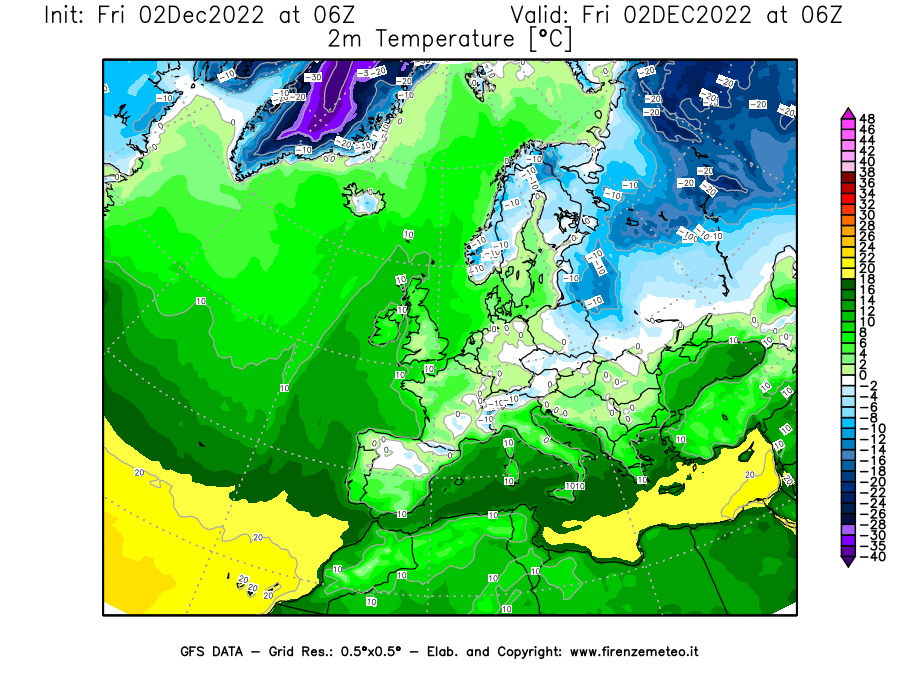 Mappa di analisi GFS - Temperatura a 2 metri dal suolo [°C] in Europa
							del 02/12/2022 06 <!--googleoff: index-->UTC<!--googleon: index-->