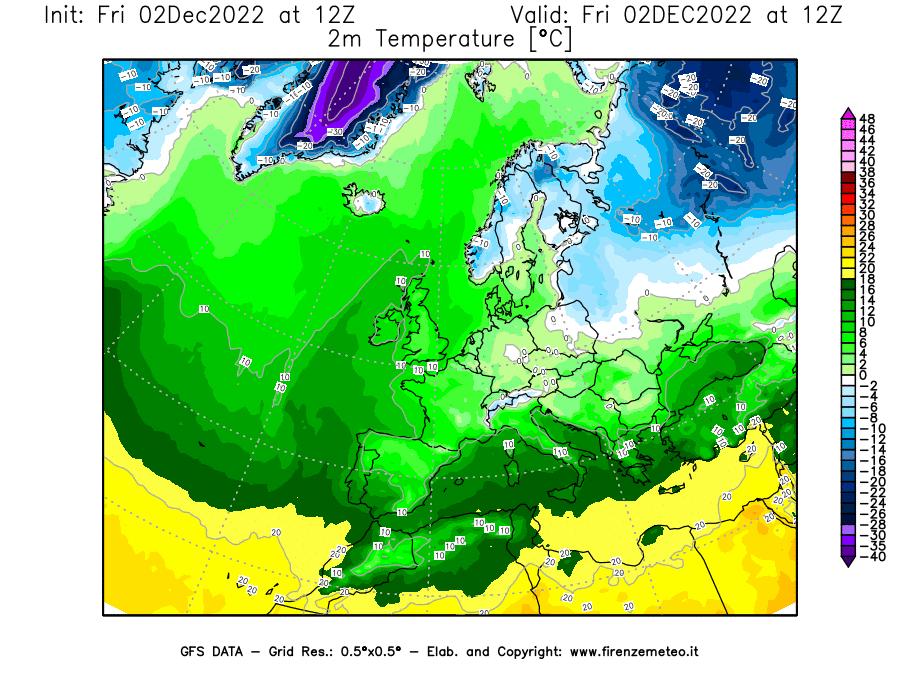 Mappa di analisi GFS - Temperatura a 2 metri dal suolo [°C] in Europa
							del 02/12/2022 12 <!--googleoff: index-->UTC<!--googleon: index-->