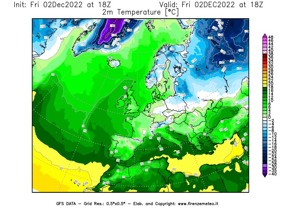 Mappa di analisi GFS - Temperatura a 2 metri dal suolo [°C] in Europa
							del 02/12/2022 18 <!--googleoff: index-->UTC<!--googleon: index-->
