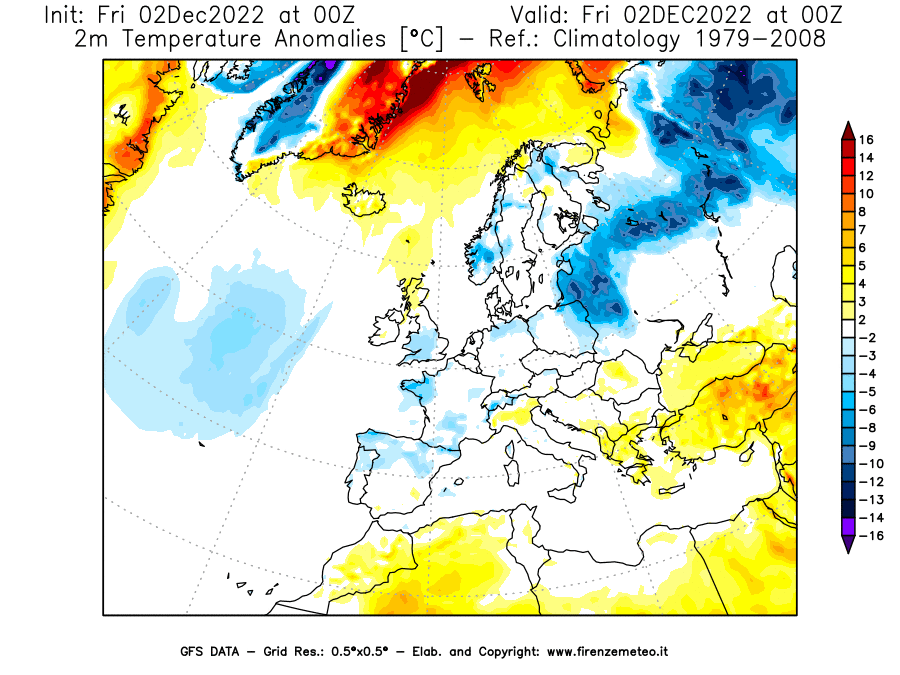 Mappa di analisi GFS - Anomalia Temperatura [°C] a 2 m in Europa
							del 02/12/2022 00 <!--googleoff: index-->UTC<!--googleon: index-->