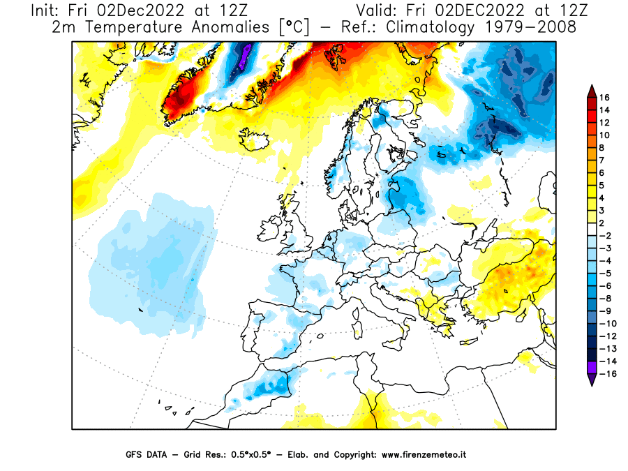 Mappa di analisi GFS - Anomalia Temperatura [°C] a 2 m in Europa
							del 02/12/2022 12 <!--googleoff: index-->UTC<!--googleon: index-->
