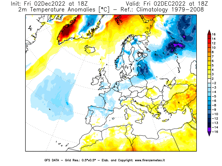 Mappa di analisi GFS - Anomalia Temperatura [°C] a 2 m in Europa
							del 02/12/2022 18 <!--googleoff: index-->UTC<!--googleon: index-->