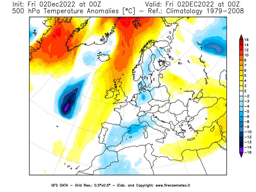 Mappa di analisi GFS - Anomalia Temperatura [°C] a 500 hPa in Europa
							del 02/12/2022 00 <!--googleoff: index-->UTC<!--googleon: index-->