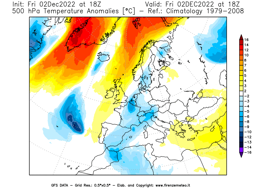 Mappa di analisi GFS - Anomalia Temperatura [°C] a 500 hPa in Europa
							del 02/12/2022 18 <!--googleoff: index-->UTC<!--googleon: index-->