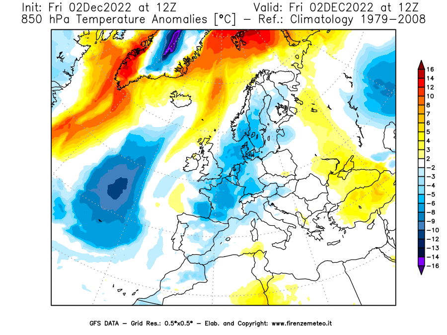 Mappa di analisi GFS - Anomalia Temperatura [°C] a 850 hPa in Europa
							del 02/12/2022 12 <!--googleoff: index-->UTC<!--googleon: index-->