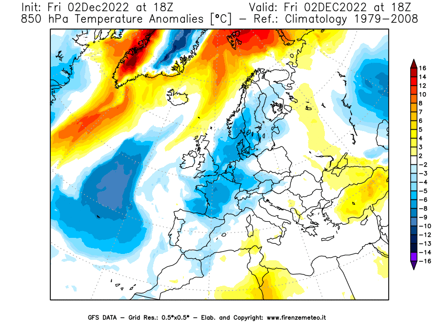 Mappa di analisi GFS - Anomalia Temperatura [°C] a 850 hPa in Europa
							del 02/12/2022 18 <!--googleoff: index-->UTC<!--googleon: index-->