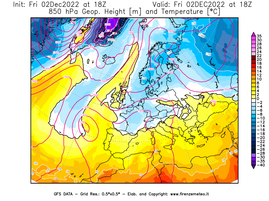 Mappa di analisi GFS - Geopotenziale [m] e Temperatura [°C] a 850 hPa in Europa
							del 02/12/2022 18 <!--googleoff: index-->UTC<!--googleon: index-->