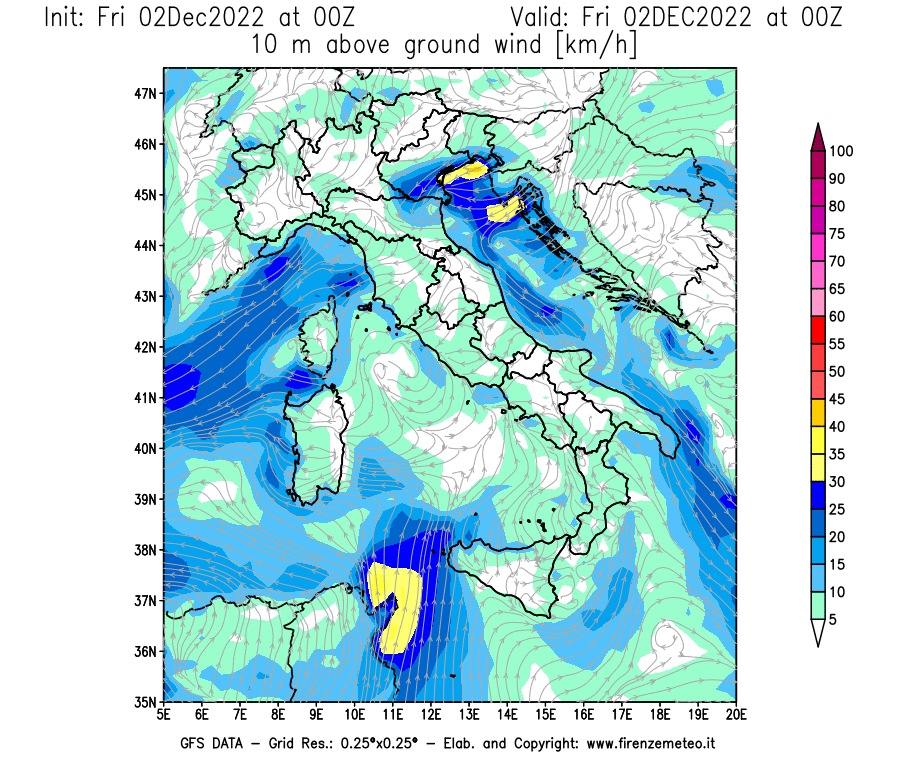 Mappa di analisi GFS - Velocità del vento a 10 metri dal suolo [km/h] in Italia
							del 02/12/2022 00 <!--googleoff: index-->UTC<!--googleon: index-->