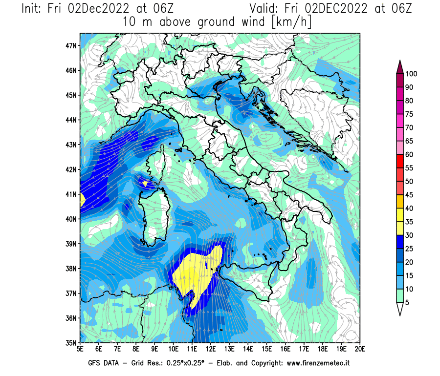 Mappa di analisi GFS - Velocità del vento a 10 metri dal suolo [km/h] in Italia
							del 02/12/2022 06 <!--googleoff: index-->UTC<!--googleon: index-->