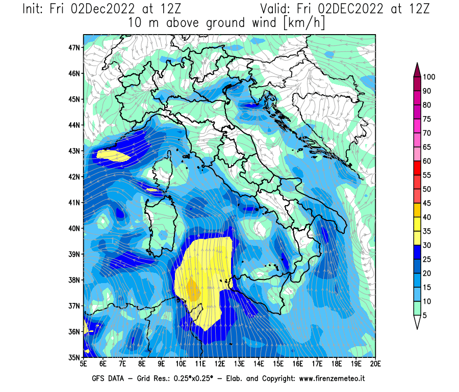 Mappa di analisi GFS - Velocità del vento a 10 metri dal suolo [km/h] in Italia
							del 02/12/2022 12 <!--googleoff: index-->UTC<!--googleon: index-->