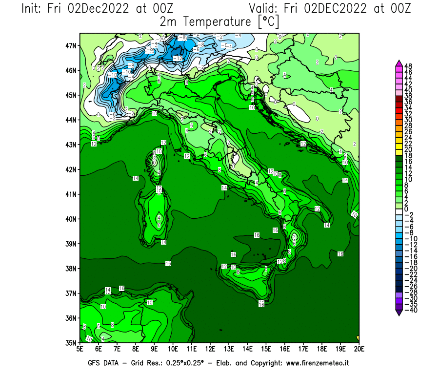 Mappa di analisi GFS - Temperatura a 2 metri dal suolo [°C] in Italia
							del 02/12/2022 00 <!--googleoff: index-->UTC<!--googleon: index-->