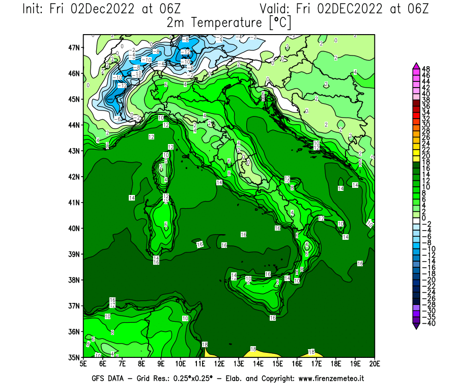 Mappa di analisi GFS - Temperatura a 2 metri dal suolo [°C] in Italia
							del 02/12/2022 06 <!--googleoff: index-->UTC<!--googleon: index-->