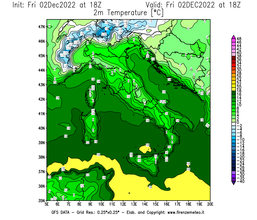 Mappa di analisi GFS - Temperatura a 2 metri dal suolo [°C] in Italia
							del 02/12/2022 18 <!--googleoff: index-->UTC<!--googleon: index-->