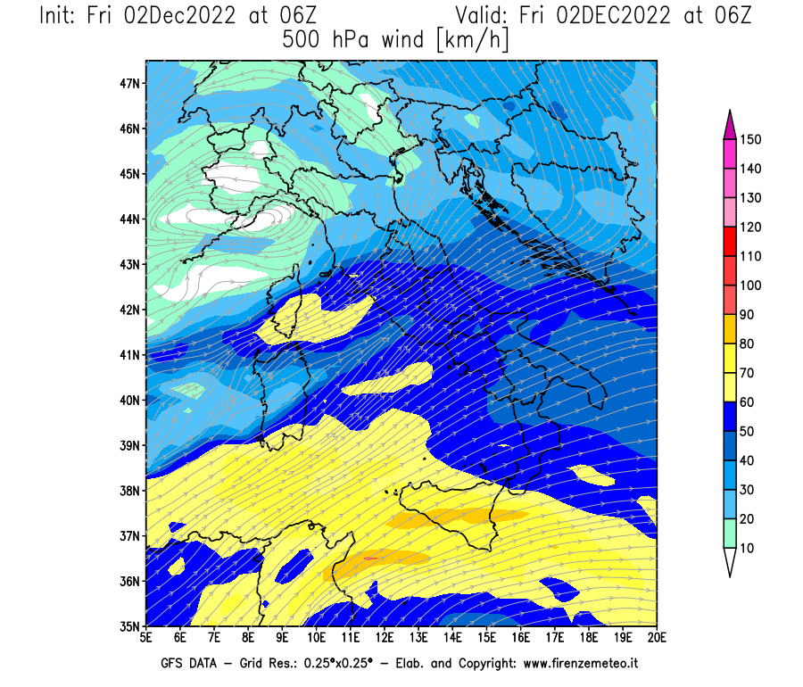 Mappa di analisi GFS - Velocità del vento a 500 hPa [km/h] in Italia
							del 02/12/2022 06 <!--googleoff: index-->UTC<!--googleon: index-->