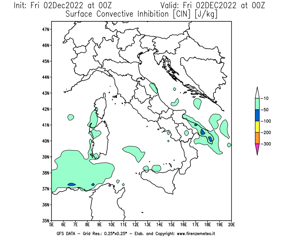Mappa di analisi GFS - CIN [J/kg] in Italia
							del 02/12/2022 00 <!--googleoff: index-->UTC<!--googleon: index-->