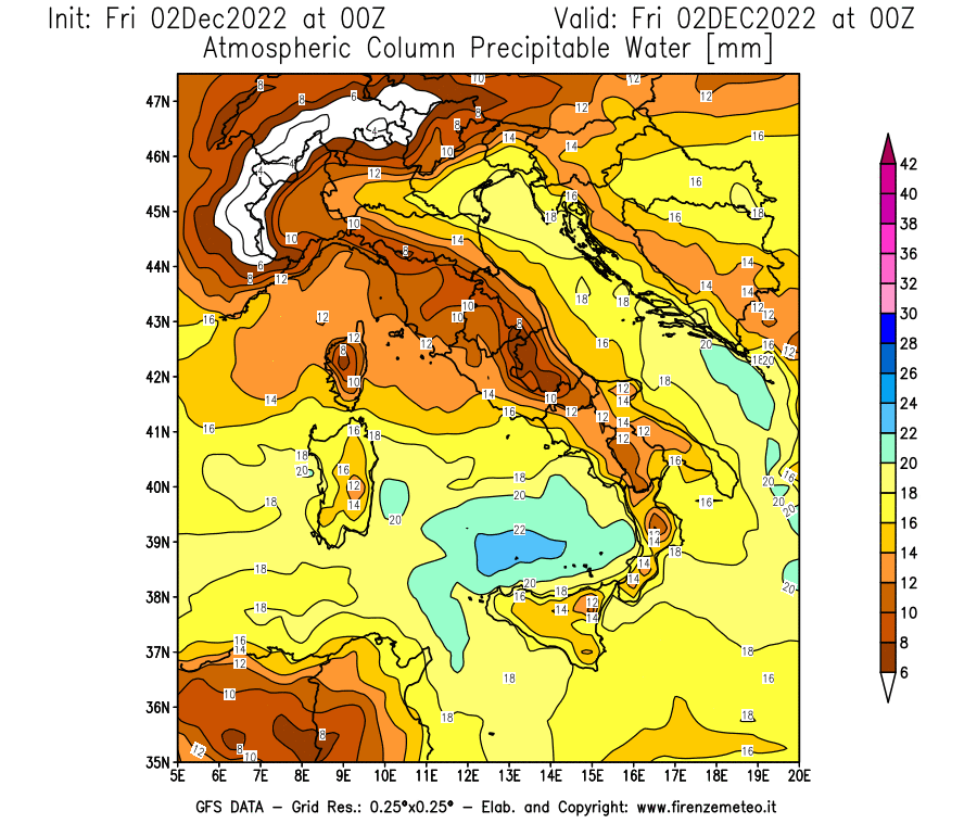 Mappa di analisi GFS - Precipitable Water [mm] in Italia
							del 02/12/2022 00 <!--googleoff: index-->UTC<!--googleon: index-->