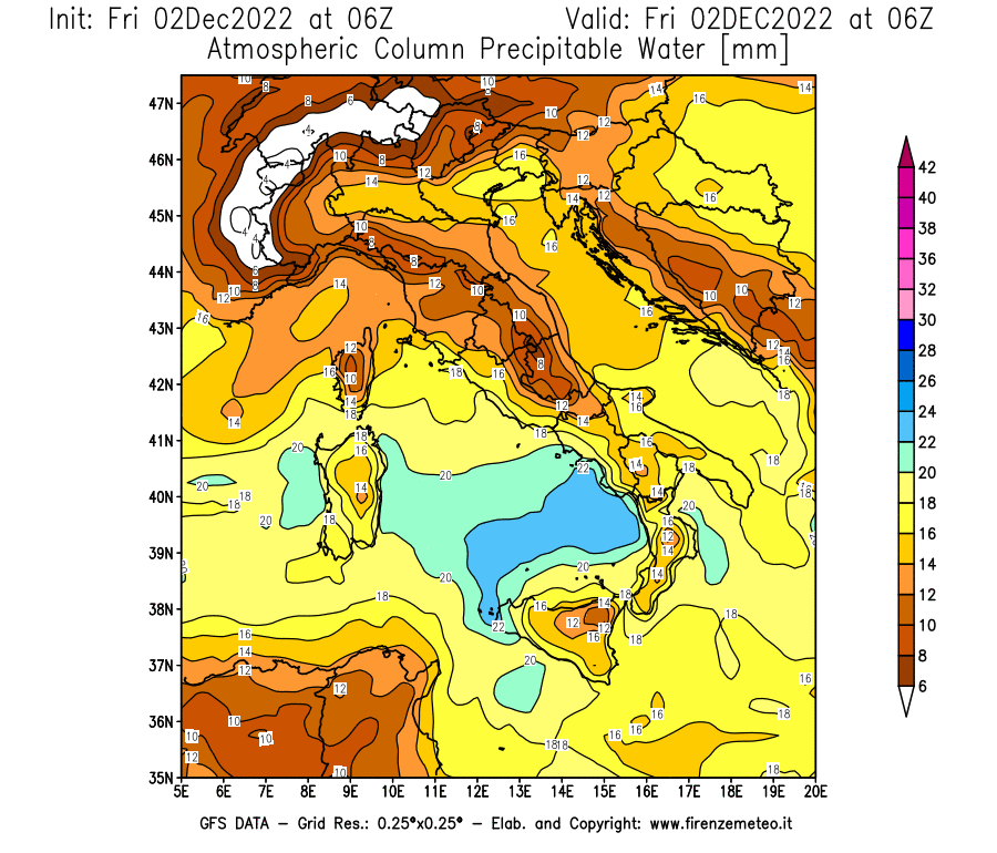 Mappa di analisi GFS - Precipitable Water [mm] in Italia
							del 02/12/2022 06 <!--googleoff: index-->UTC<!--googleon: index-->