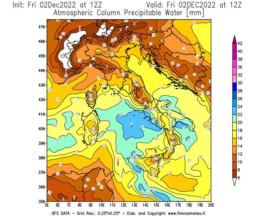 Mappa di analisi GFS - Precipitable Water [mm] in Italia
							del 02/12/2022 12 <!--googleoff: index-->UTC<!--googleon: index-->