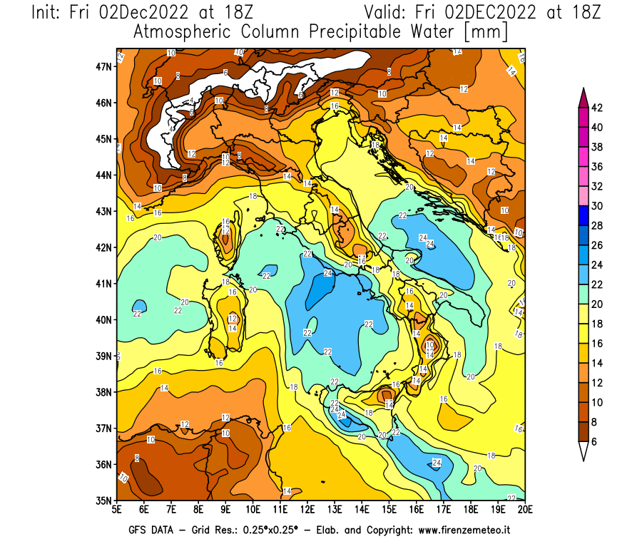 Mappa di analisi GFS - Precipitable Water [mm] in Italia
							del 02/12/2022 18 <!--googleoff: index-->UTC<!--googleon: index-->