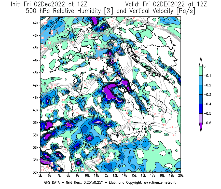 Mappa di analisi GFS - Umidità relativa [%] e Omega [Pa/s] a 500 hPa in Italia
							del 02/12/2022 12 <!--googleoff: index-->UTC<!--googleon: index-->