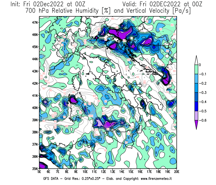 Mappa di analisi GFS - Umidità relativa [%] e Omega [Pa/s] a 700 hPa in Italia
							del 02/12/2022 00 <!--googleoff: index-->UTC<!--googleon: index-->