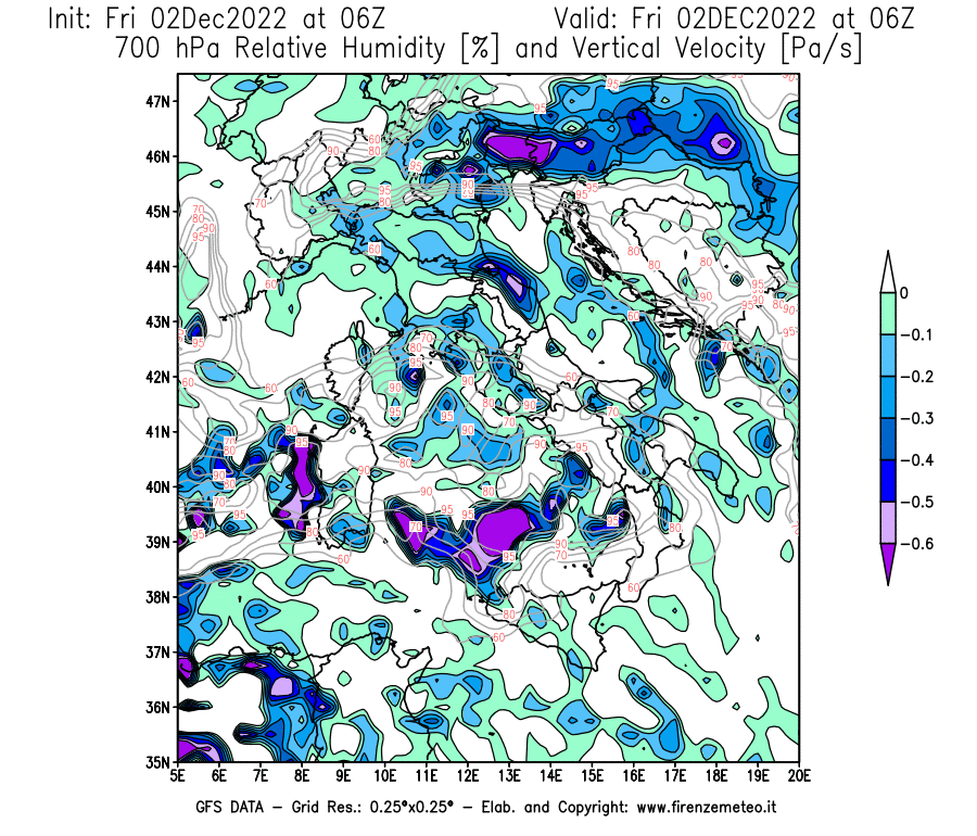 Mappa di analisi GFS - Umidità relativa [%] e Omega [Pa/s] a 700 hPa in Italia
							del 02/12/2022 06 <!--googleoff: index-->UTC<!--googleon: index-->