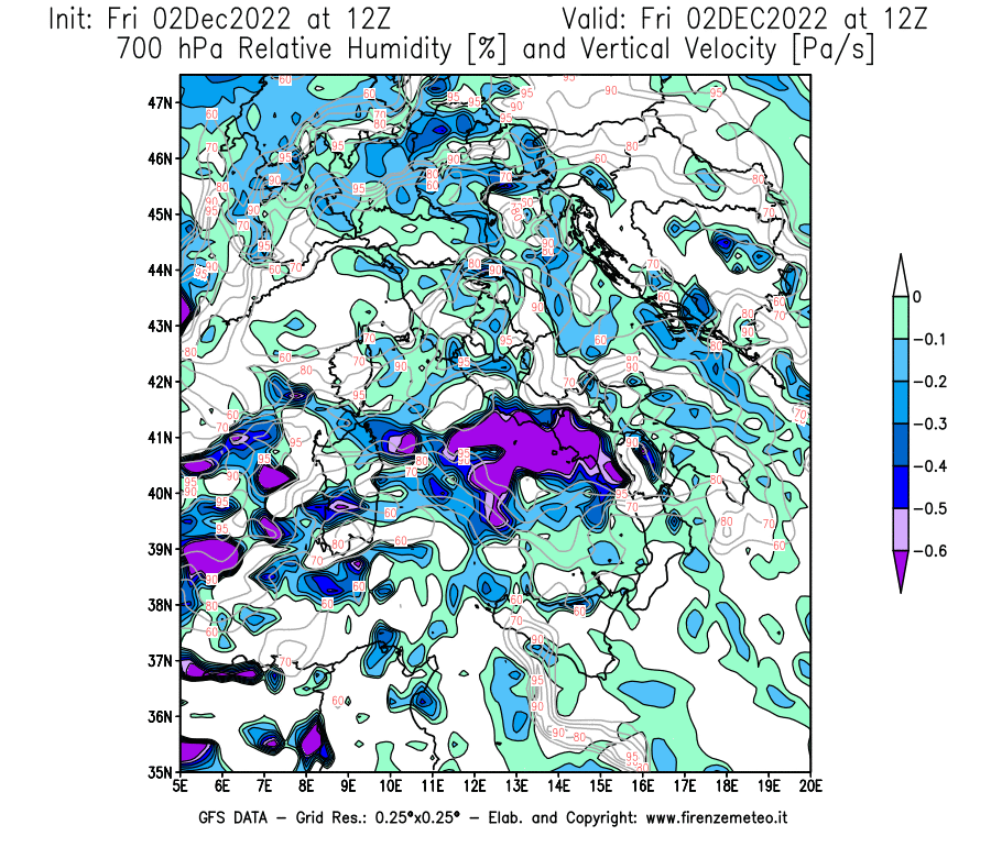 Mappa di analisi GFS - Umidità relativa [%] e Omega [Pa/s] a 700 hPa in Italia
							del 02/12/2022 12 <!--googleoff: index-->UTC<!--googleon: index-->