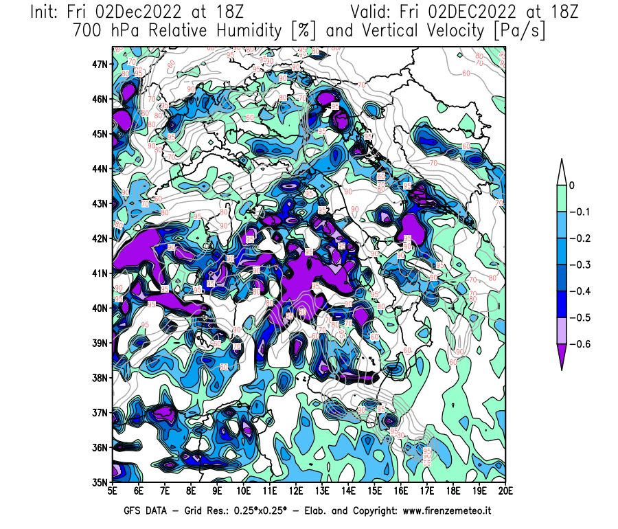 Mappa di analisi GFS - Umidità relativa [%] e Omega [Pa/s] a 700 hPa in Italia
							del 02/12/2022 18 <!--googleoff: index-->UTC<!--googleon: index-->