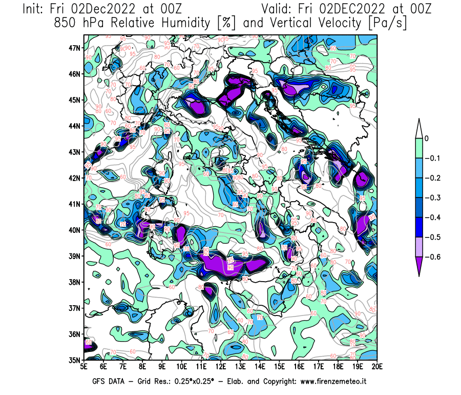 Mappa di analisi GFS - Umidità relativa [%] e Omega [Pa/s] a 850 hPa in Italia
							del 02/12/2022 00 <!--googleoff: index-->UTC<!--googleon: index-->