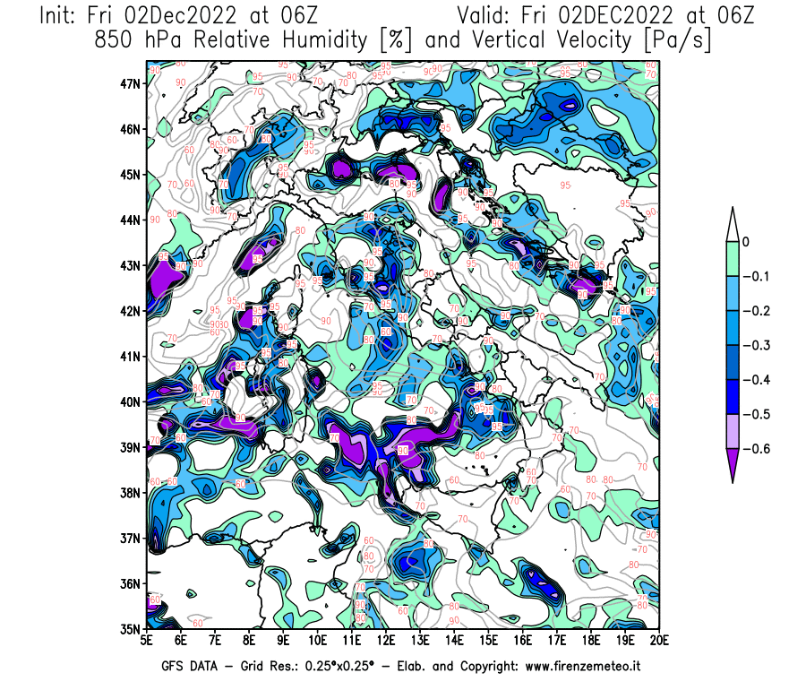 Mappa di analisi GFS - Umidità relativa [%] e Omega [Pa/s] a 850 hPa in Italia
							del 02/12/2022 06 <!--googleoff: index-->UTC<!--googleon: index-->
