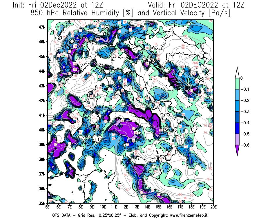 Mappa di analisi GFS - Umidità relativa [%] e Omega [Pa/s] a 850 hPa in Italia
							del 02/12/2022 12 <!--googleoff: index-->UTC<!--googleon: index-->