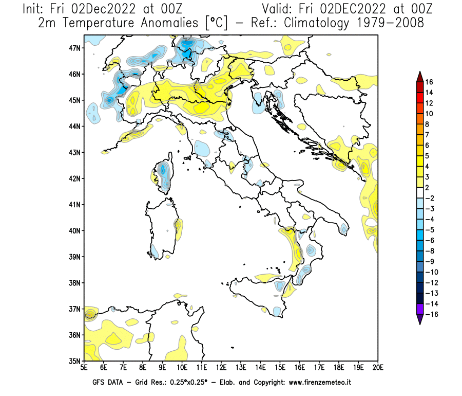 Mappa di analisi GFS - Anomalia Temperatura [°C] a 2 m in Italia
							del 02/12/2022 00 <!--googleoff: index-->UTC<!--googleon: index-->