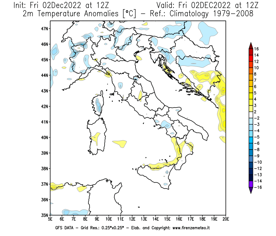 Mappa di analisi GFS - Anomalia Temperatura [°C] a 2 m in Italia
							del 02/12/2022 12 <!--googleoff: index-->UTC<!--googleon: index-->