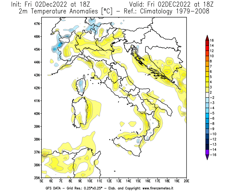 Mappa di analisi GFS - Anomalia Temperatura [°C] a 2 m in Italia
							del 02/12/2022 18 <!--googleoff: index-->UTC<!--googleon: index-->