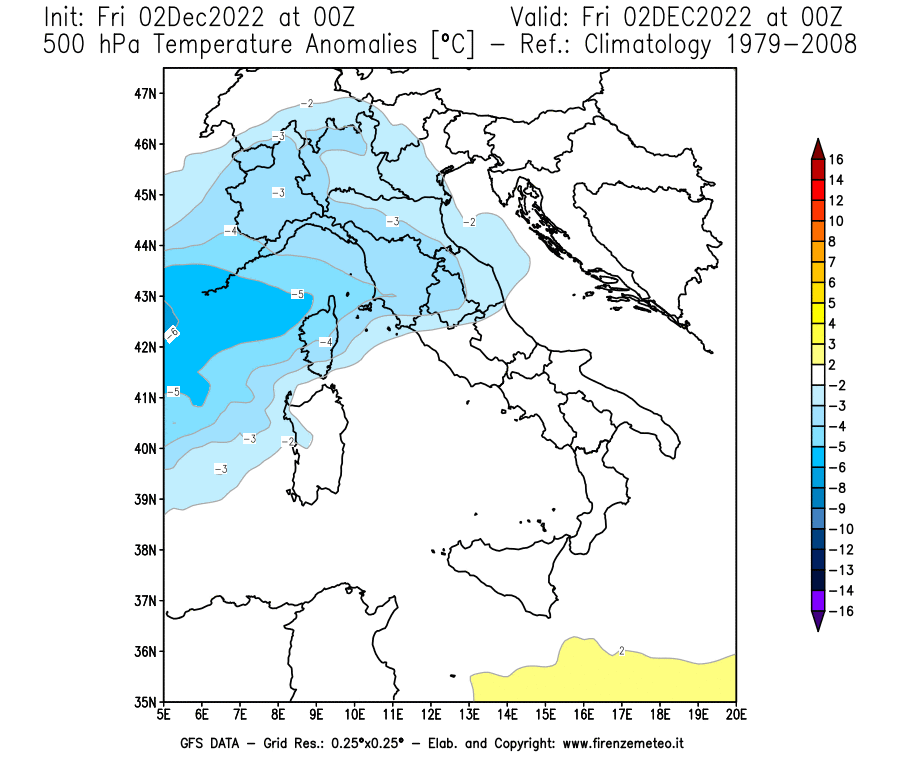Mappa di analisi GFS - Anomalia Temperatura [°C] a 500 hPa in Italia
							del 02/12/2022 00 <!--googleoff: index-->UTC<!--googleon: index-->