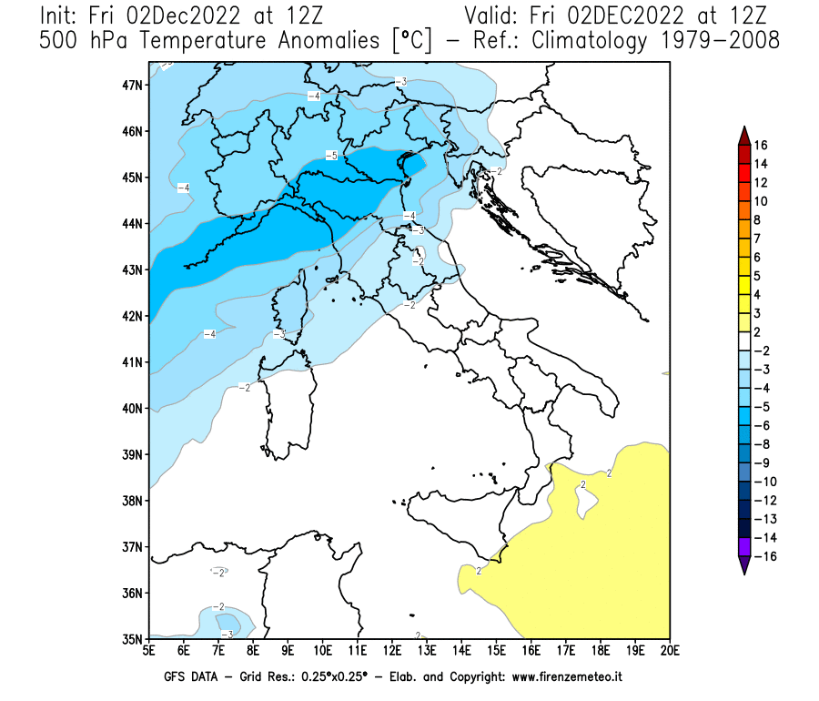 Mappa di analisi GFS - Anomalia Temperatura [°C] a 500 hPa in Italia
							del 02/12/2022 12 <!--googleoff: index-->UTC<!--googleon: index-->