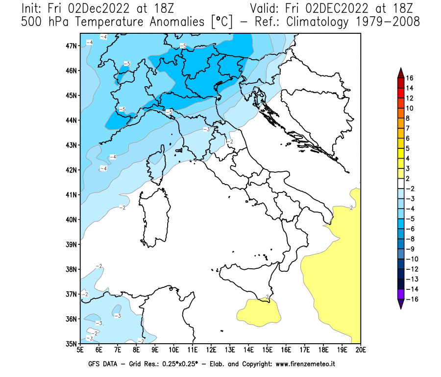 Mappa di analisi GFS - Anomalia Temperatura [°C] a 500 hPa in Italia
							del 02/12/2022 18 <!--googleoff: index-->UTC<!--googleon: index-->