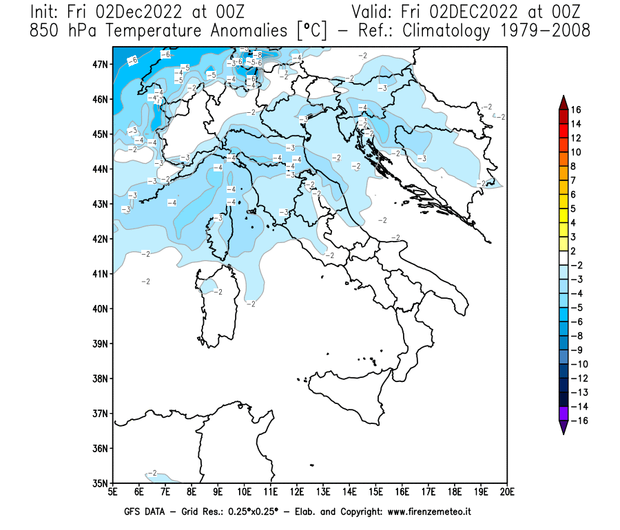 Mappa di analisi GFS - Anomalia Temperatura [°C] a 850 hPa in Italia
							del 02/12/2022 00 <!--googleoff: index-->UTC<!--googleon: index-->
