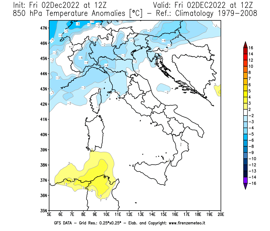Mappa di analisi GFS - Anomalia Temperatura [°C] a 850 hPa in Italia
							del 02/12/2022 12 <!--googleoff: index-->UTC<!--googleon: index-->
