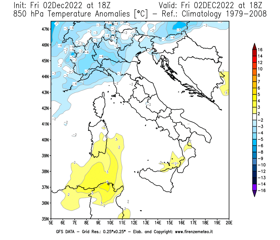 Mappa di analisi GFS - Anomalia Temperatura [°C] a 850 hPa in Italia
							del 02/12/2022 18 <!--googleoff: index-->UTC<!--googleon: index-->